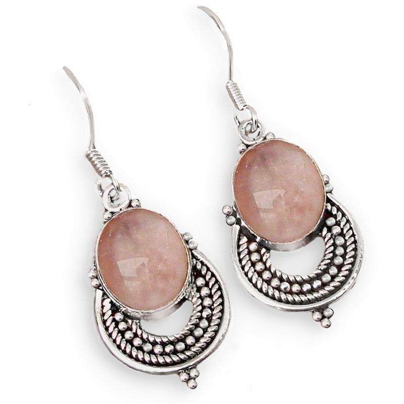 Natural Pink Rose Quartz Oval Gemstone set in Solid .925 Sterling Silver Antique Style Earrings