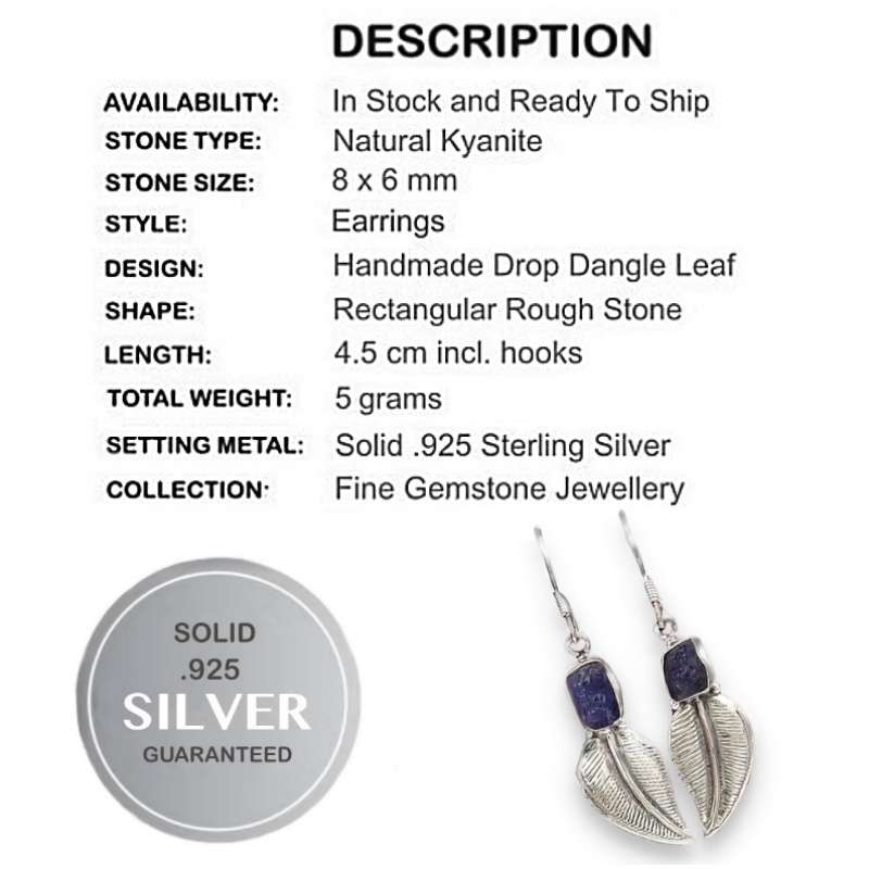 Natural Kyanite Rough Gemstone set in Solid .925 Sterling Silver Leaf Shape Earrings