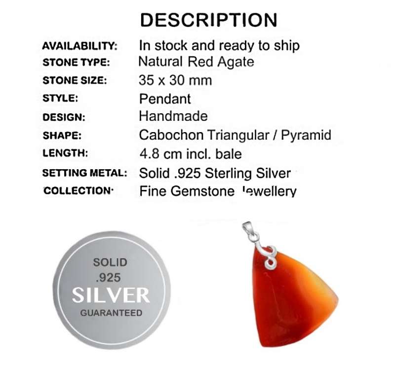 Natural Red Agate Gemstone set in Solid .925 Sterling Silver Pendant