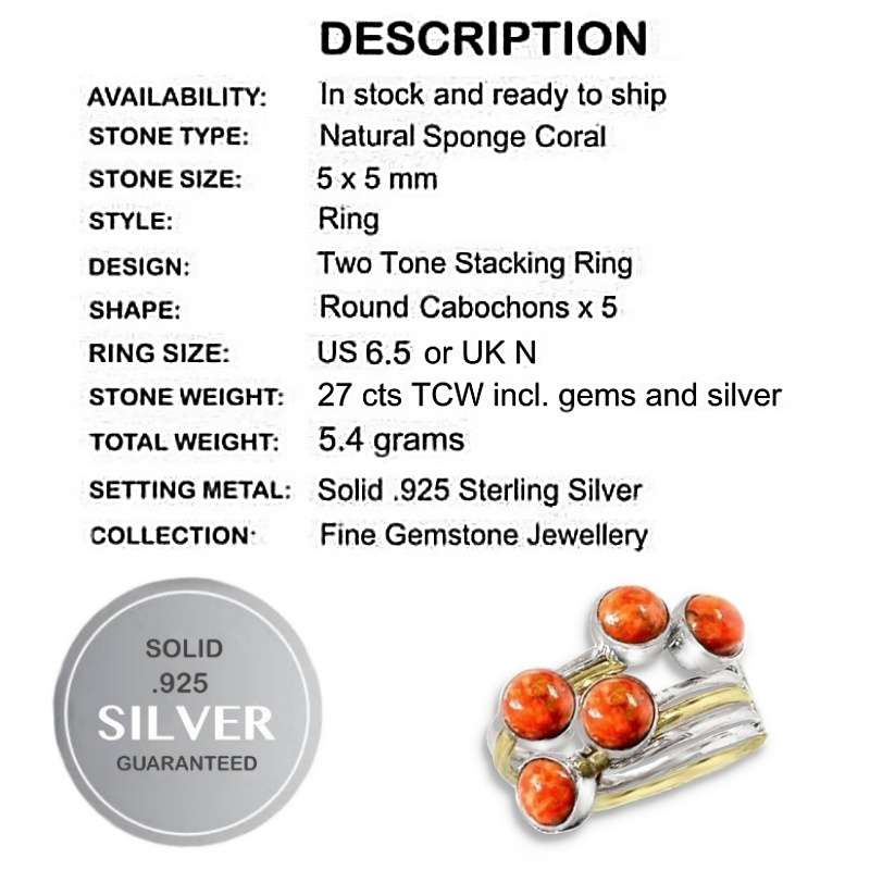Rare Two Tone Natural Sponge Coral Solid .925 Sterling Silver Stacking Ring Size 6.5 OR M