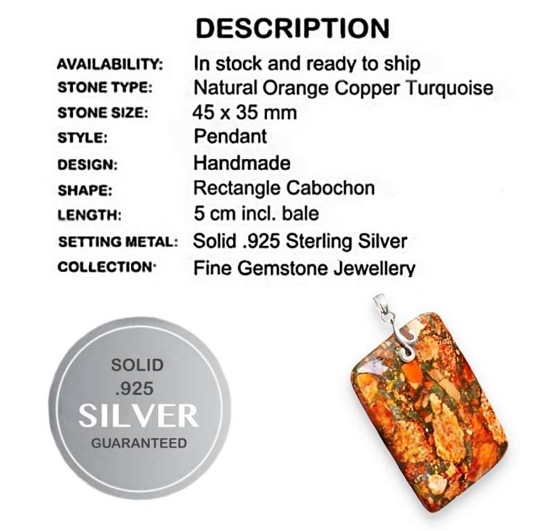 Natural Orange Copper Turquoise Rectangle Gemstone set with Solid .925 Sterling Silver Pendant