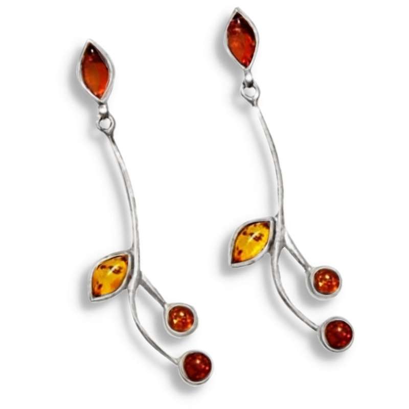 Genuine Baltic Amber set in Solid .925 Sterling Silver Modern Leaf Like Stud Earrings