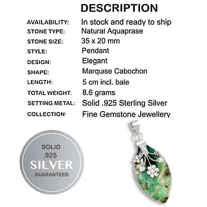 Scarce Natural Aquaprase Gemstone Pendant Set in Solid .925 Sterling Silver
