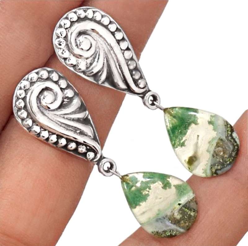 Natural Aquaprase Pear Shape Gemstone in Solid .925 Sterling Silver with Paisley Accent Earrings