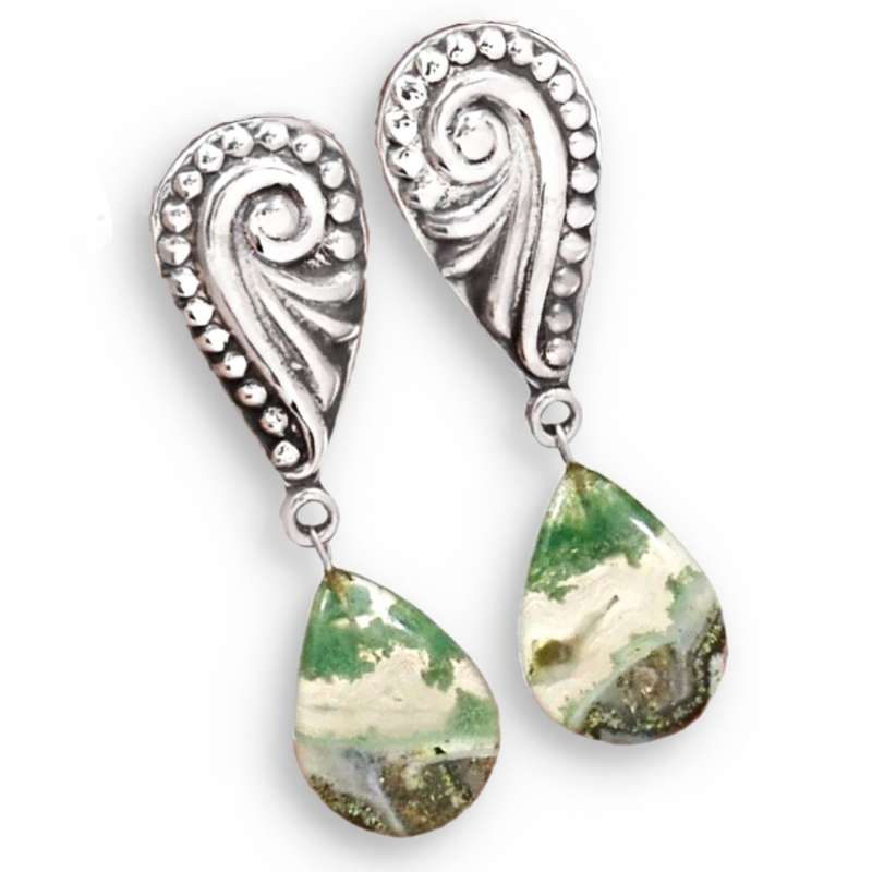 Natural Aquaprase Pear Shape Gemstone in Solid .925 Sterling Silver with Paisley Accent Earrings