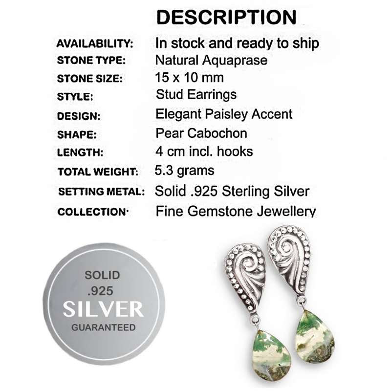 Natural Aquaprase Pear Shape Gemstone in Solid .925 Sterling Silver with Paisley Accent Earrings