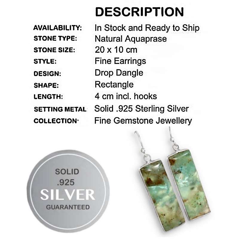 Natural Aquaprase Rectangle Gemstone Set in Solid .925 Sterling Silver Earrings