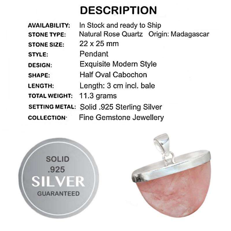 11.3 gms Natural Rose Quartz Gemstone Capped with Solid.925 Sterling Silver Fine Pendant