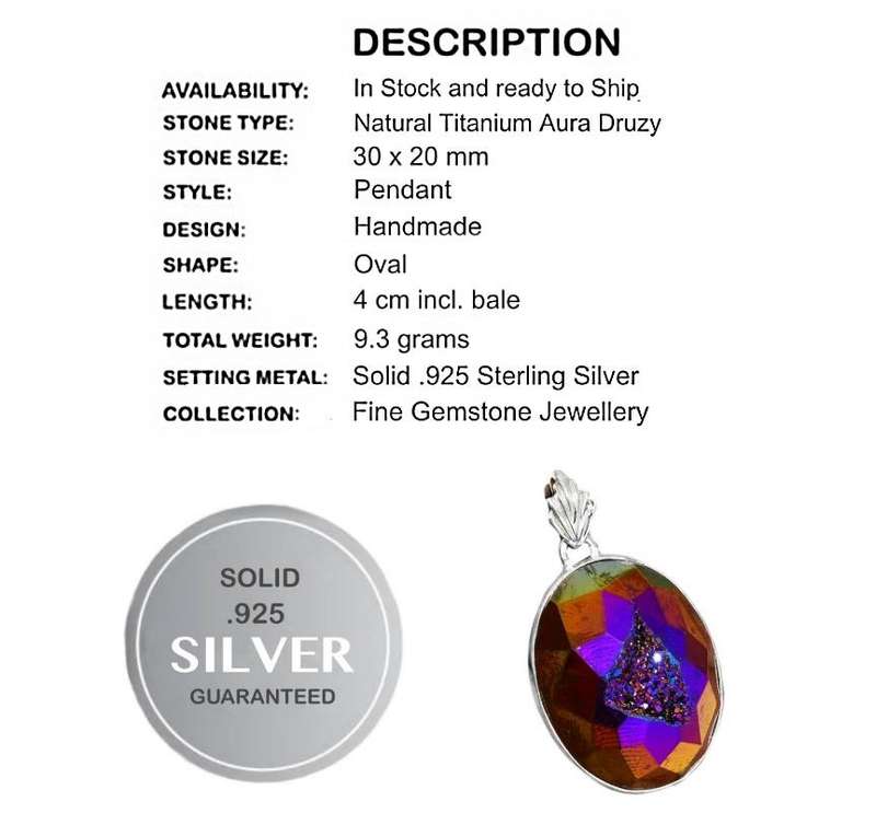 Natural Titanium Aura Druzy set in Solid 925 Sterling Silver Pendant