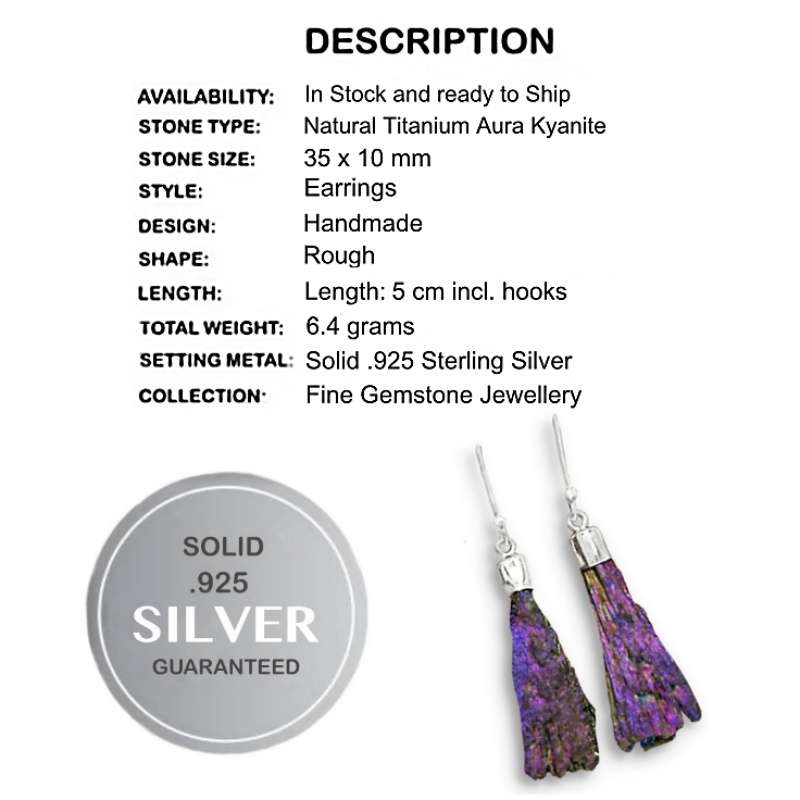 Natural Titanium Aura Kyanite Gemstone set in Solid .925 Sterling Silver Drop Dangle Earrings