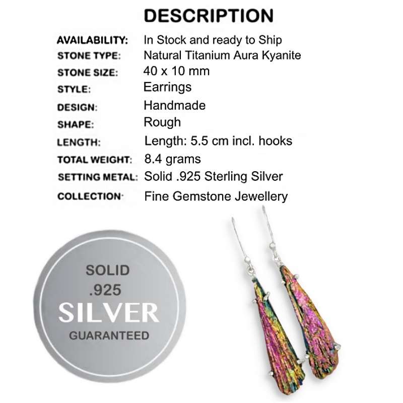 Natural Titanium Aura Kyanite Gemstone set in Solid .925 Sterling Silver Drop Dangle Earrings