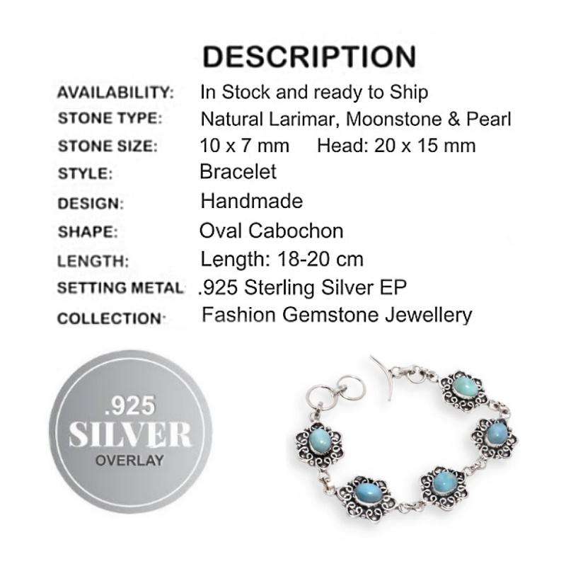 Natural Larimar Oval Gemstones in Antique Setting of .925 Sterling Silver Plated Handmade Bracelet