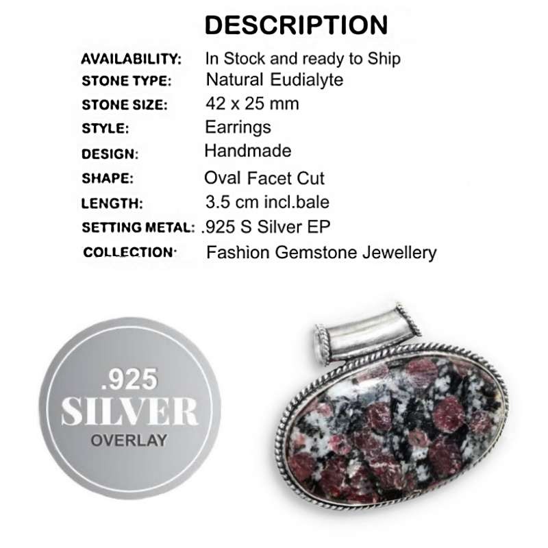 Natural Russian Eudialyte Oval Gemstone set in .925 Sterling Silver Plated Antique Style Pendant