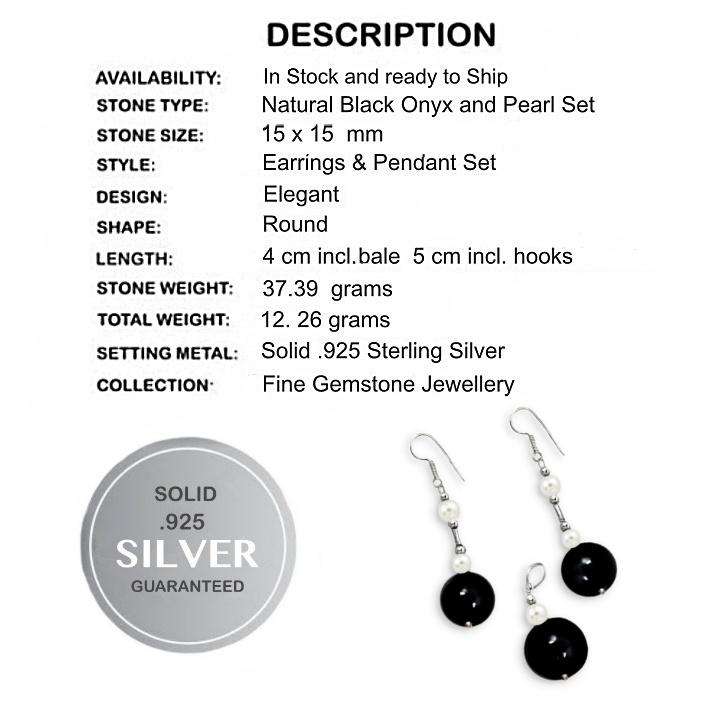 Natural Round Black Onyx,White Pearl set in Solid 925 Sterling Silver Pendant & Earrings Set