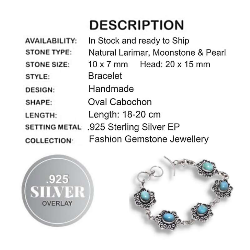 Natural Larimar Oval Gemstones in Antique Setting of .925 Sterling Silver Plated Handmade Bracelet