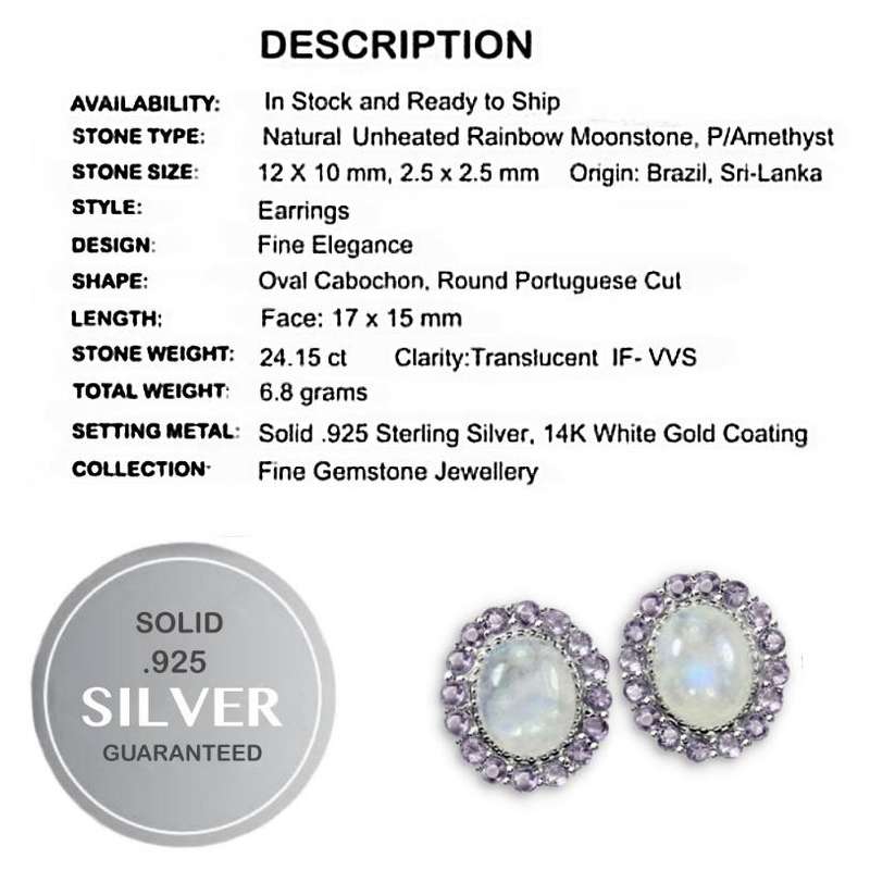 Deluxe Natural Blue Schiller Moonstone, Purple Amethyst Gemstone Solid .925 Silver 14K White Gold Ea
