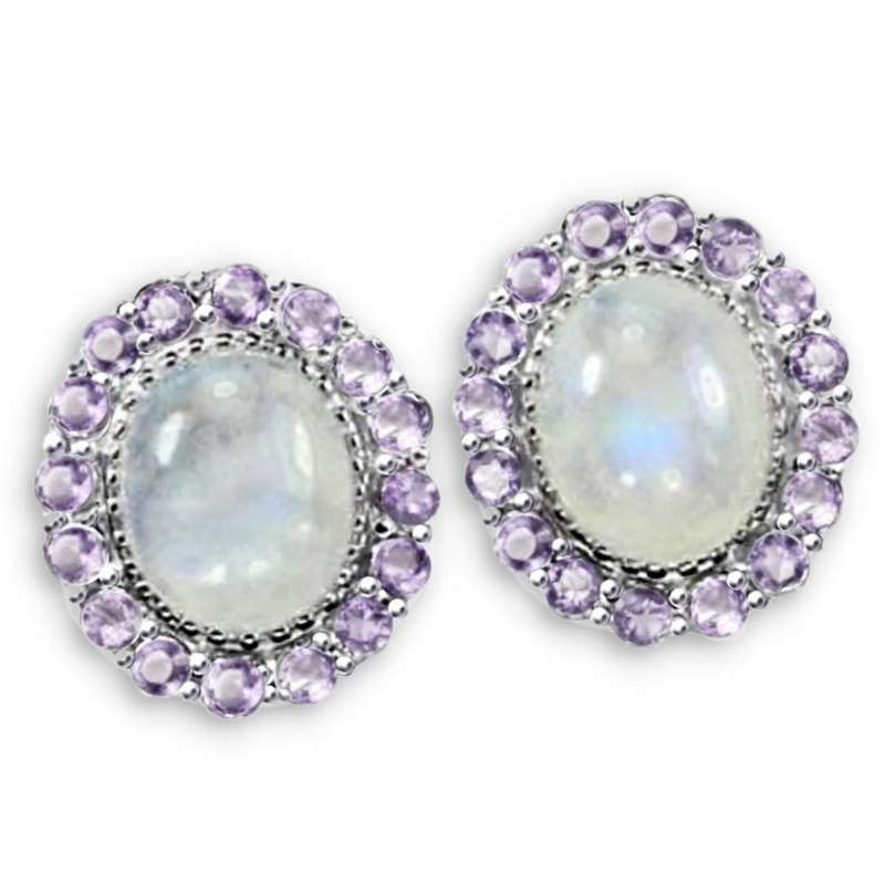 Deluxe Natural Blue Schiller Moonstone, Purple Amethyst Gemstone Solid .925 Silver 14K White Gold Ea