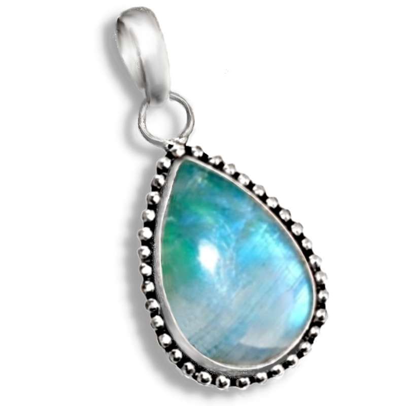 Green Flash Rainbow Moonstone .925 Sterling Silver Plated Artisan Made Pendant