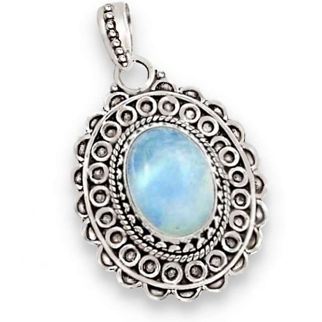 6.16 cts Natural Rainbow Moonstone Oval set in Antique Style Solid .925 Sterling Silver Pendant