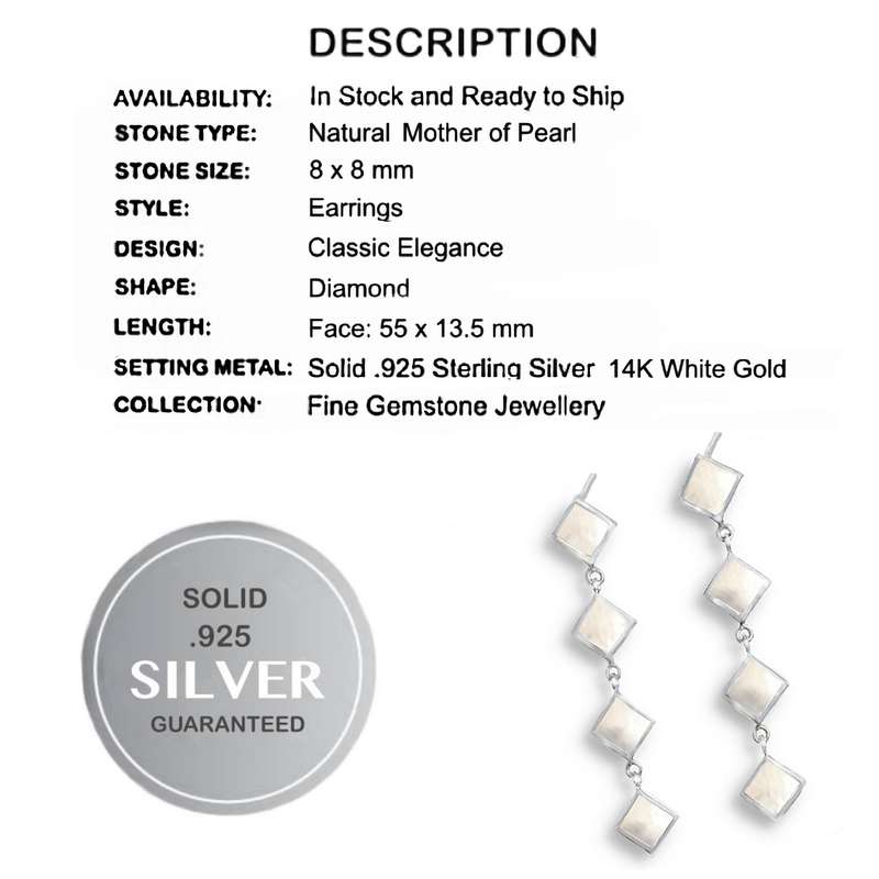 Natural Mother of Pearl Squares set in Solid. 925 Sterling Silver Elegant Stud Earrings