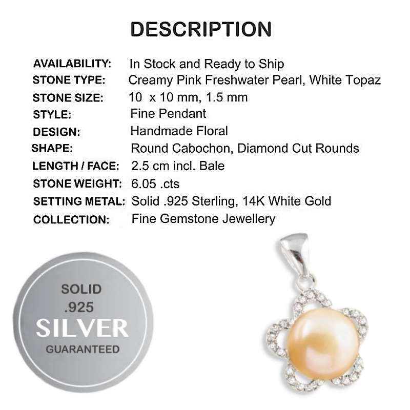 Natural Creamy Pink Pearl and White Topaz set in Solid 925 Sterling Silver Pendant