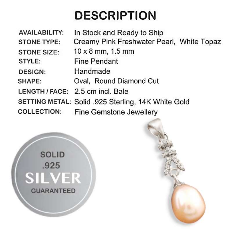 Natural Creamy Pink Pearl and White Topaz set in Solid 925 Sterling Silver 14K White Gold Pendant