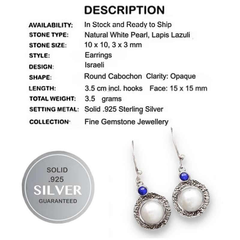 Israeli - Natural White Pearl, Lapis Lazuli Gemstone set in  Solid .925 Sterling Silver Earrings