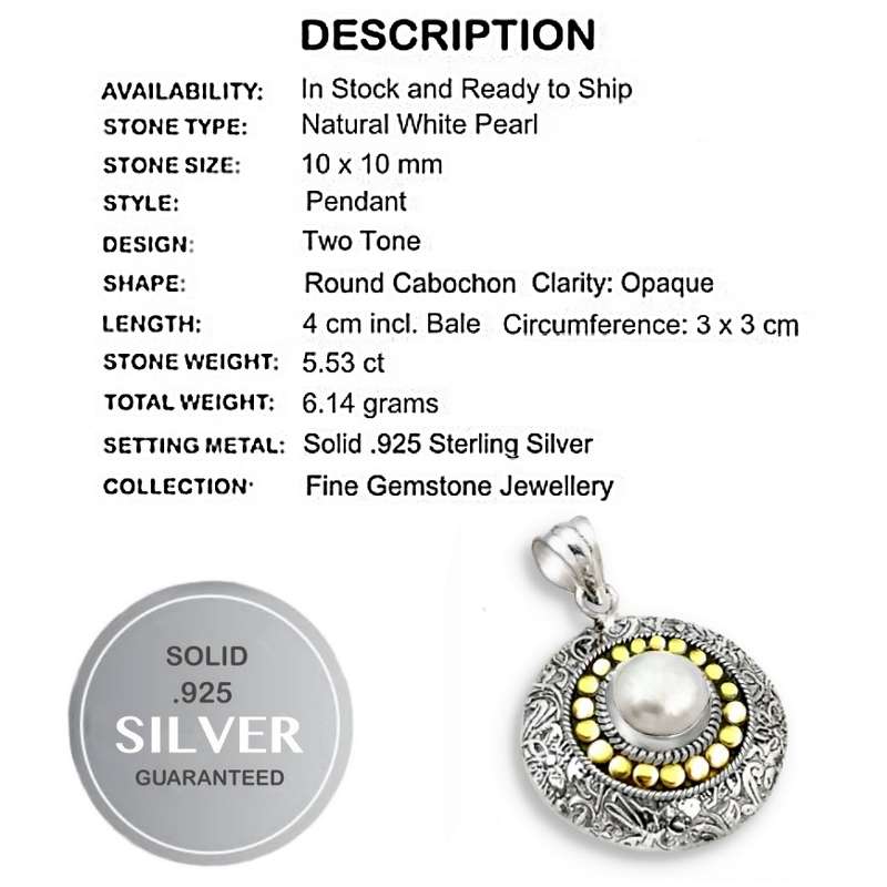 Two Tone Natural White Pearl set in Solid .925 Sterling Silver victorian Style Handmade Pendant