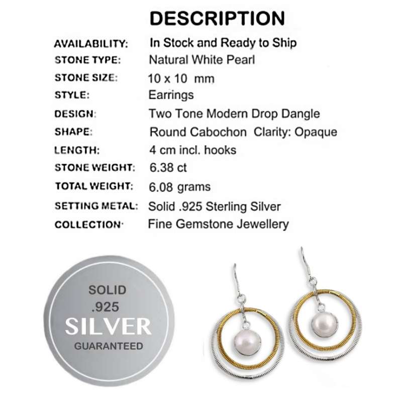 Two Tone 6.38 cts Natural White Pearl set in Solid .925 Sterling Silver Earrings