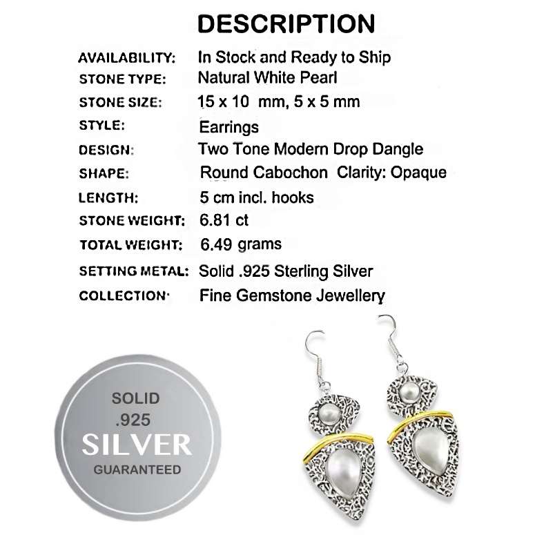 1.84 cts Two Tone Natural White Pearl set in Solid .925 Sterling Silver Dainty Earrings