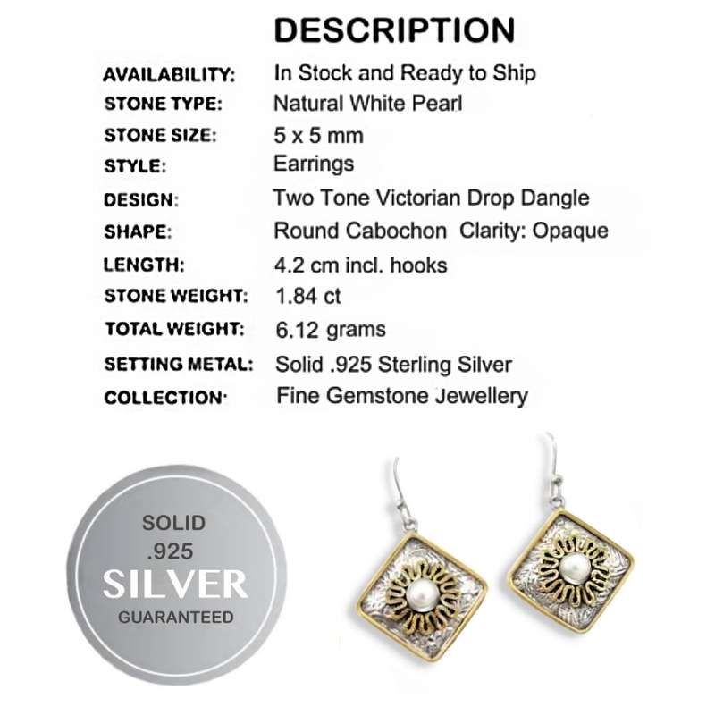 Two Tone 1.84 cts Natural White Pearl set in Solid .925 Sterling Silver Victorian Style Earrings