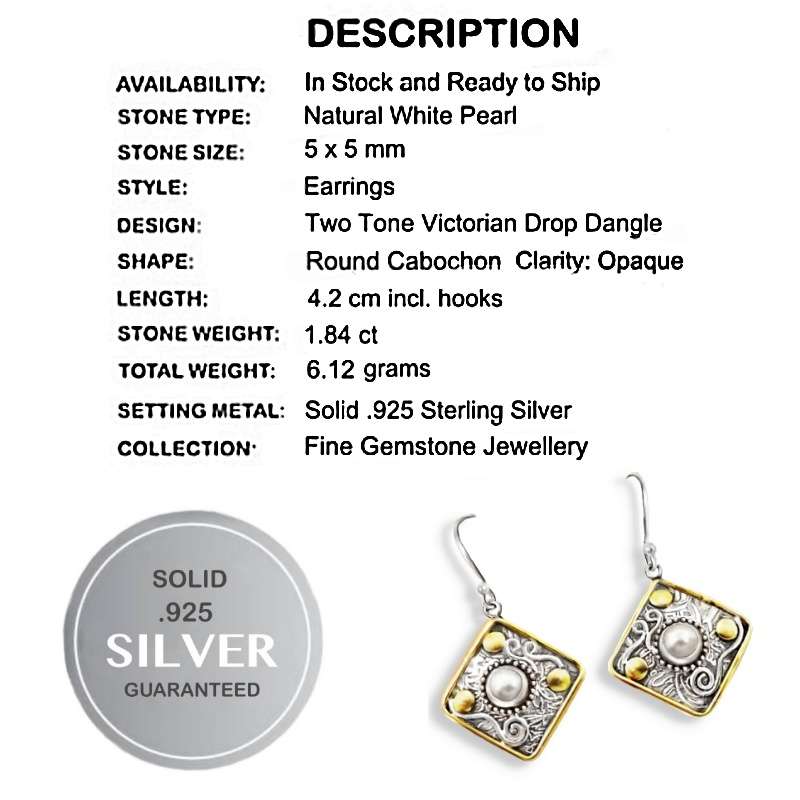 Two Tone 1.84 cts Natural White Pearl set in Solid .925 Sterling Silver Earrings