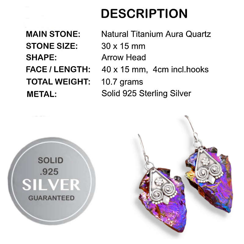 Natural Titanium Aura Quartz Gemstone set in Solid 925 Sterling Silver Earrings