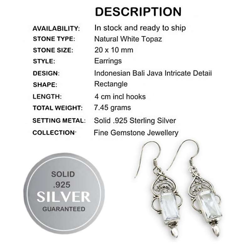 Indonesian Bali Java- Natural White Topaz set in Solid .925 Sterling Silver Earrings