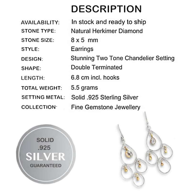 Two Tone Natural Herkimer set in Solid .925 Sterling Silver Exotic Chandelier Earrings