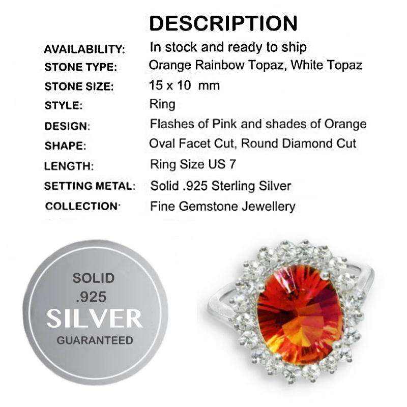 Premium Rare Orange/Pink Rainbow Topaz, White Topaz Solid .925 Sterling Silver Ring Size 7 or O