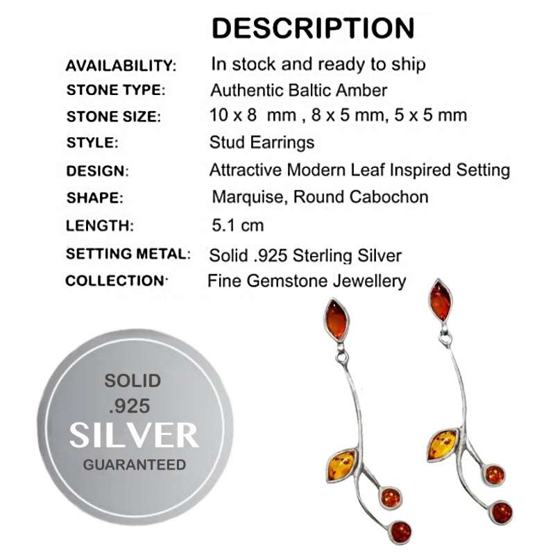 Genuine Baltic Amber set in Solid .925 Sterling Silver Modern Leaf Like Stud Earrings