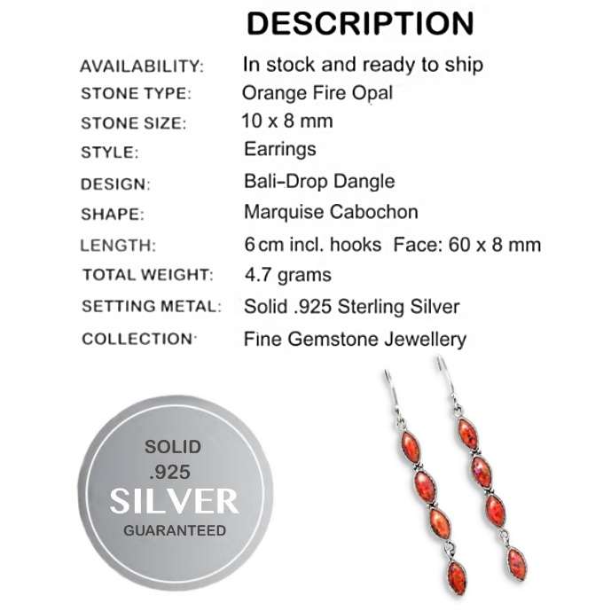 Orange Fire Opal Marquise Shape Gemstones set in Solid .925 Sterling Silver Earrings