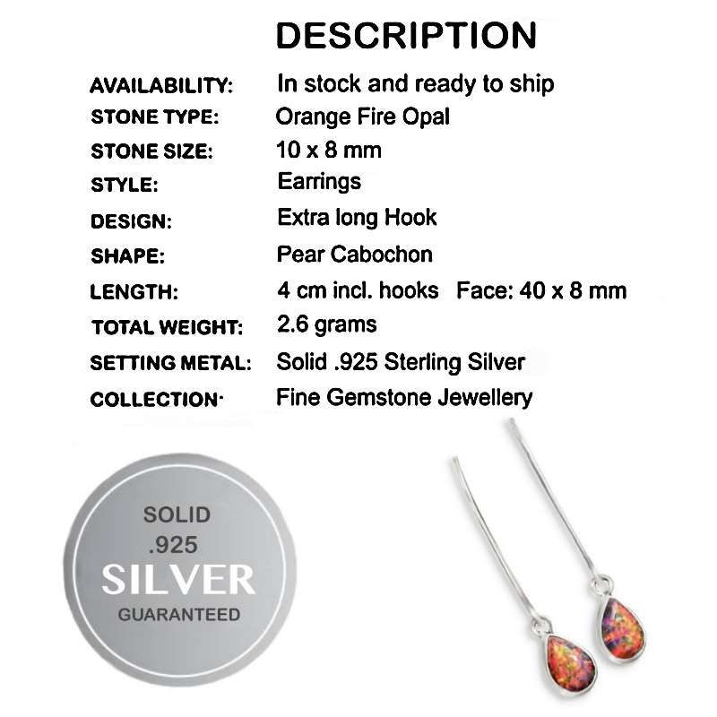 2.6 Grams Fire Opal Gemstone in Solid .925 Sterling Silver Long Hooks Earrings