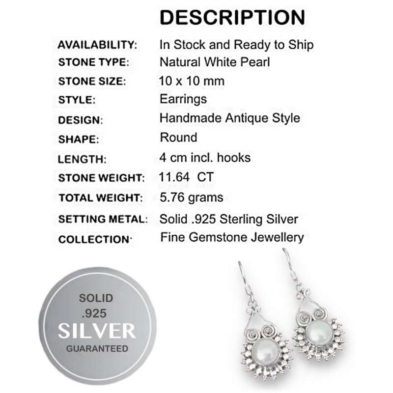 11.64 cts Natural White Pearl set in Solid .925 Sterling Silver Earrings