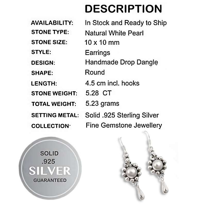 5.68 cts Natural White Pearl Solid .925 Sterling Silver Earrings