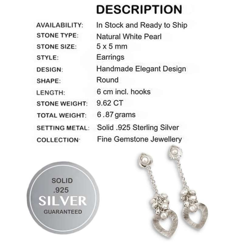 9.62 cts Natural White Pearl set in Solid .925 Sterling Silver Drop Dangle Stud Earrings