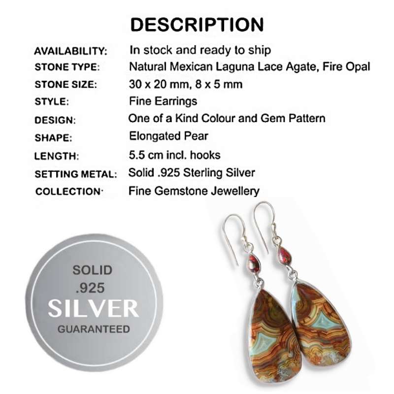 Spectacular Natural Mexican Laguna Lace Agate, Fire Opal Gemstone 925 Silver Earrings