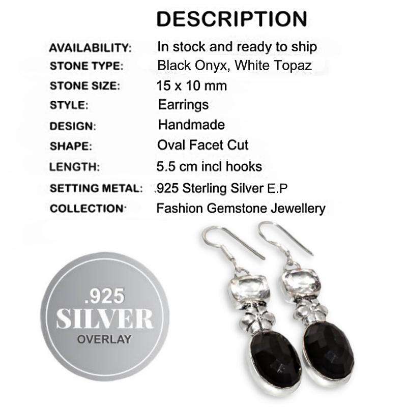Black Onyx & White Topaz Gemstone with a Floral Accent set in .925 Sterling Silver Plated Earrings