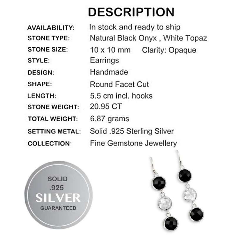Natural Black Onyx , White Topaz Gemstone set in Solid .925 Sterling Silver Earrings