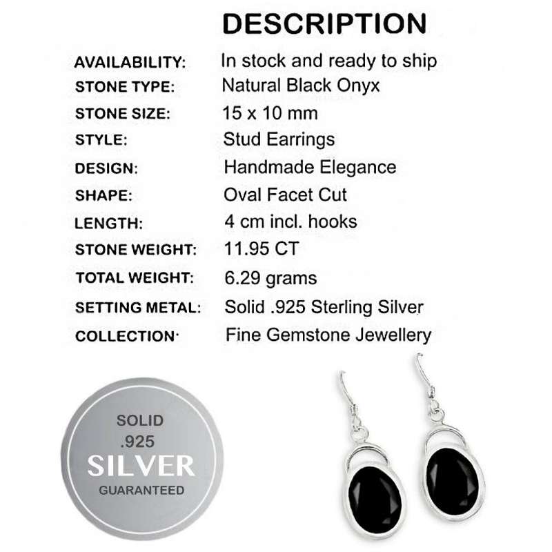 Natural Black Onyx Oval Gemstone  set in Solid .925 Sterling Silver Dainty Earrings