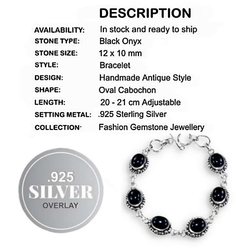 Black Onyx Oval Gemstones set in .925 Sterling Silver Plated Antique Style Handmade Bracelet