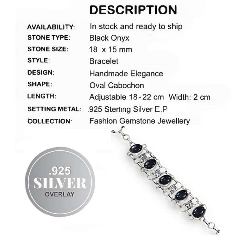 Black Onyx Oval Gemstones set in .925 Sterling Silver Plated Handmade Adjustable Bracelet