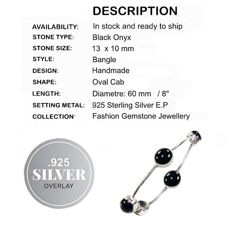 Black Onyx Round Gemstones set in .925 Sterling Silver Plated Handmade Modern Bangle
