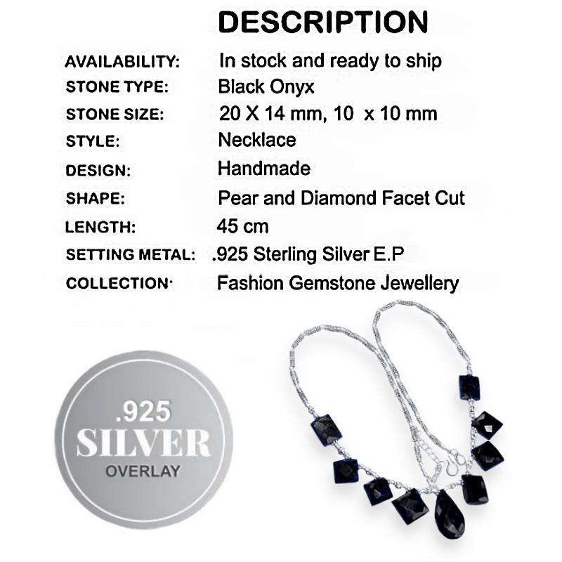 Black Onyx Mixed Shapes set in .925 Sterling Silver Plated Handmade Necklace